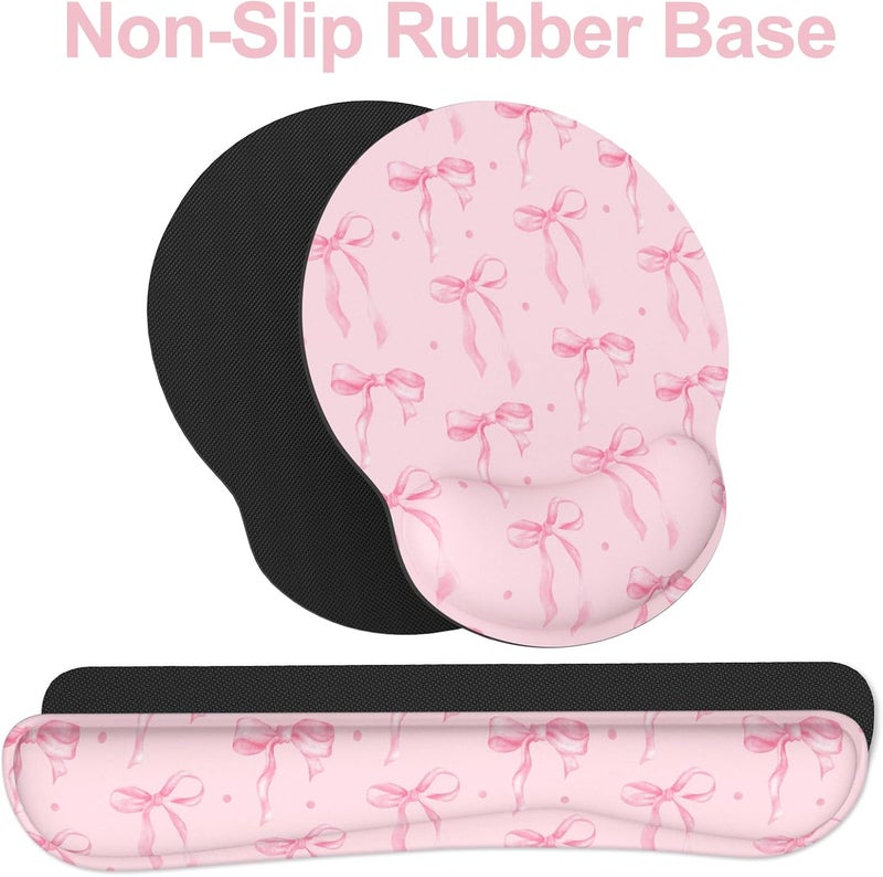 JIGOO Ergonomic Mouse Pad with Wrist Rest and Keyboard Wrist Rest, Mousepad and Wrist Rest for Computer Keyboard, Non-Slip Rubber Base, Mouse Pad Wrist Support for Gaming, Pink Bow - Image 4